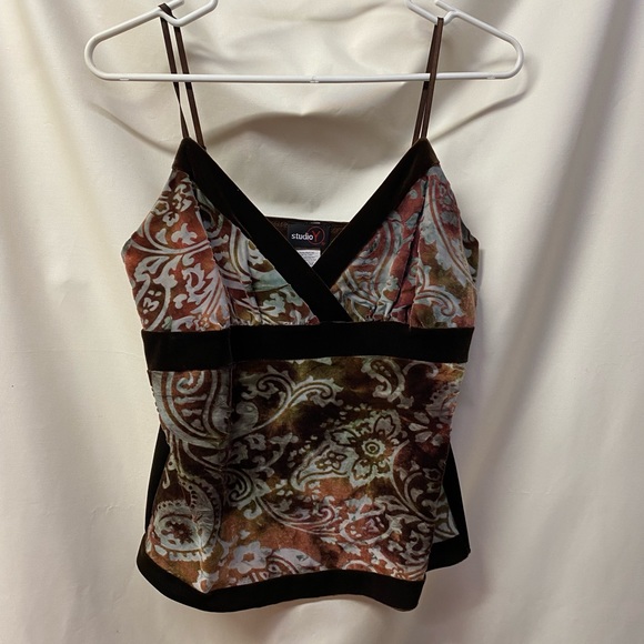 StudioY Brown, Purple, Velvet overlay design Tank Top with spaghetti straps. - Picture 1 of 6